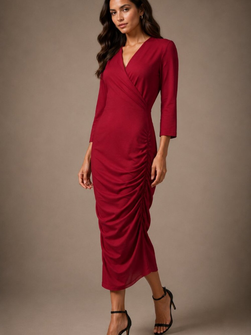 Michael Stars Red Ruched Surplice Midi Dress S Stretch Made in USA